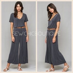 Charcoal Modal Washed Rib Short Slv Jumpsuit
